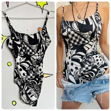 Vintage 70s/80s Sandcastle White Black Patchwork Polka Dot Swimsuit - Size 8