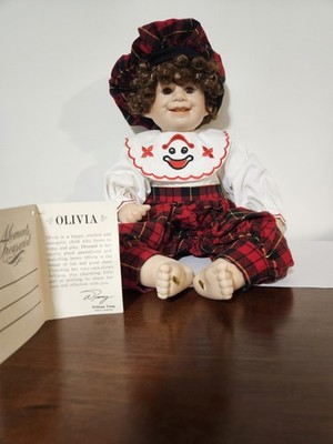 William Tung Olivia Porcelain Doll Red Plaid Outfit Brown Curly Hair