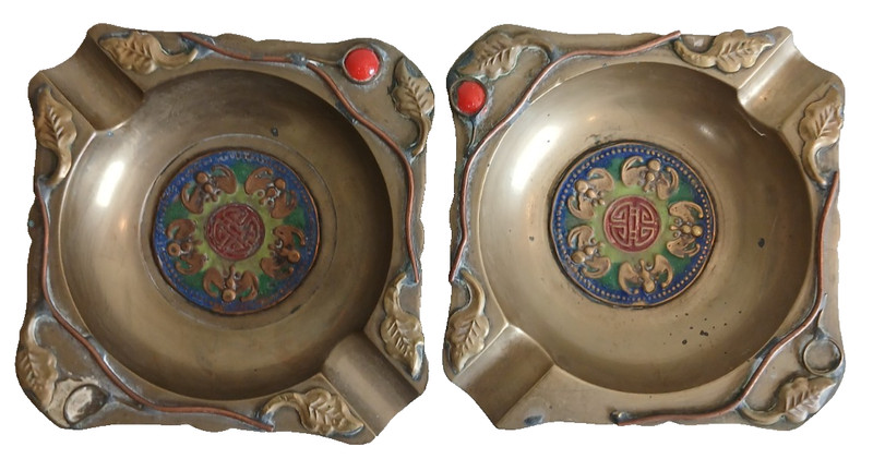 2 Antique Chinese Brass Enamel Leaves Stems Bats China Ashtray 4"x4"