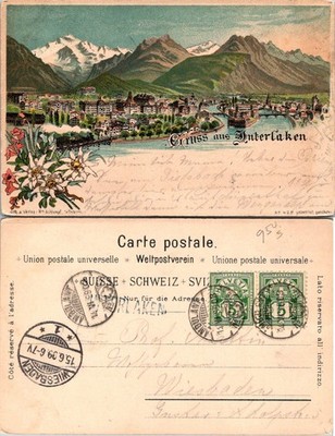 Gruss aus Interlaken Switzerland Vintage Postcard Scenic Town Stamps Postmark