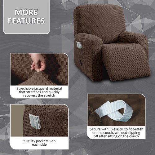 4-Piece, 1 Seat Recliner Cover, Jacquared Stretch Reclining Chair Covers for ... - Picture 3 of 6