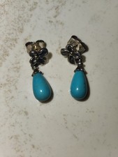 Vintage ANN KING 925 Sterling Silver 18k Gold Turquoise Foral Dangle Earrings