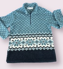 Vintage Lavon Fleece Pullover 1/4 Zip Snowflake Print Made in USA Size L/XL Teal
