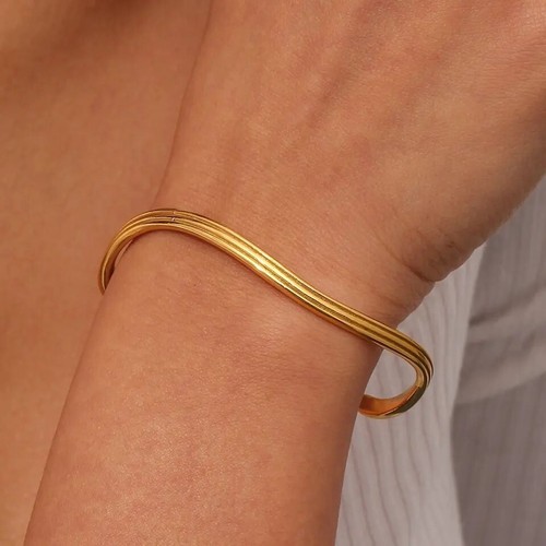 Minimalist Water Wave Bangle, 18K Classic Gold Stainless Steel,Open Cuff Bangle. - Picture 1 of 4