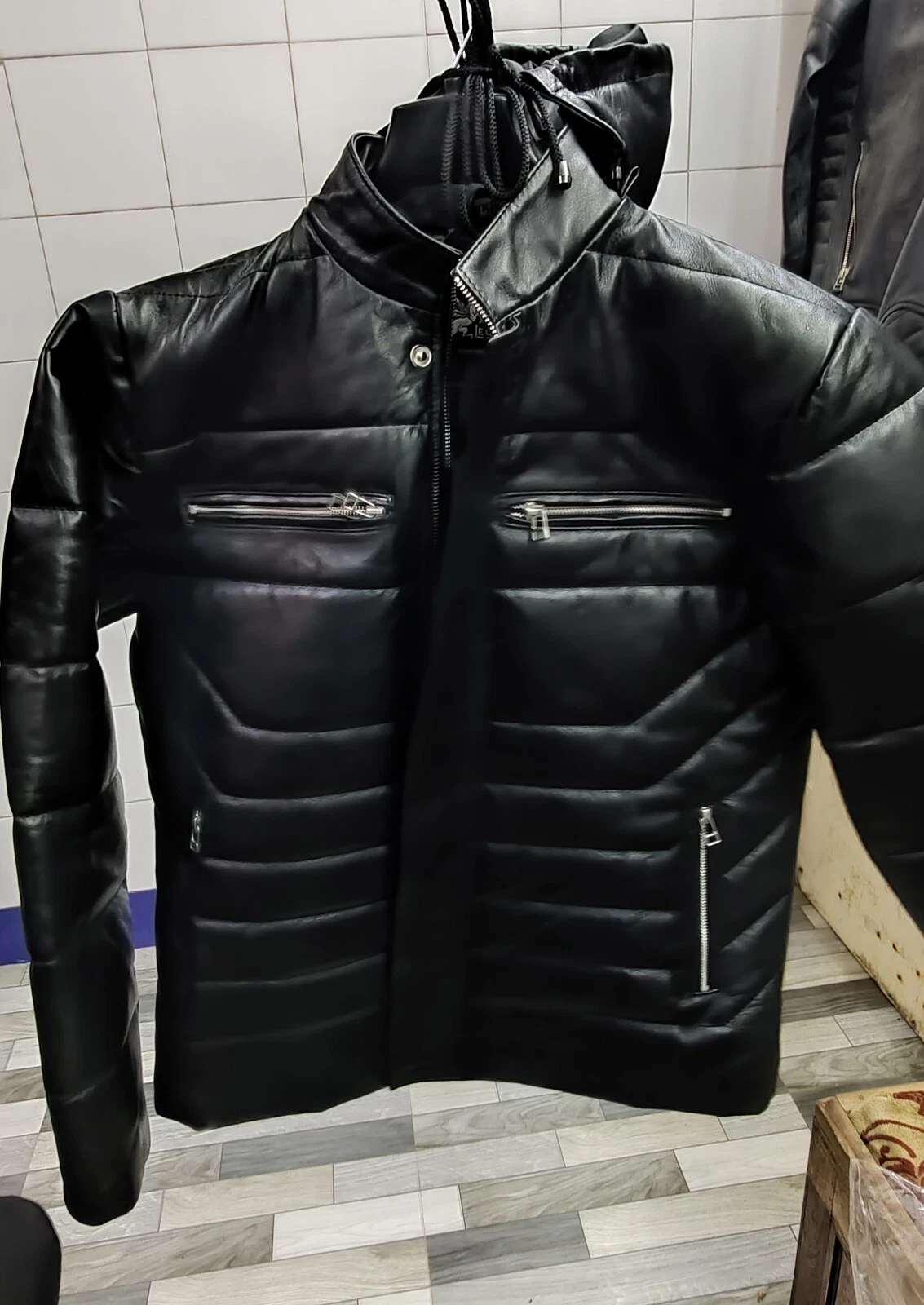 Genuine Lambskin Quilted Black Puffer Leather Jacket With Hooded For Men MPJ1a