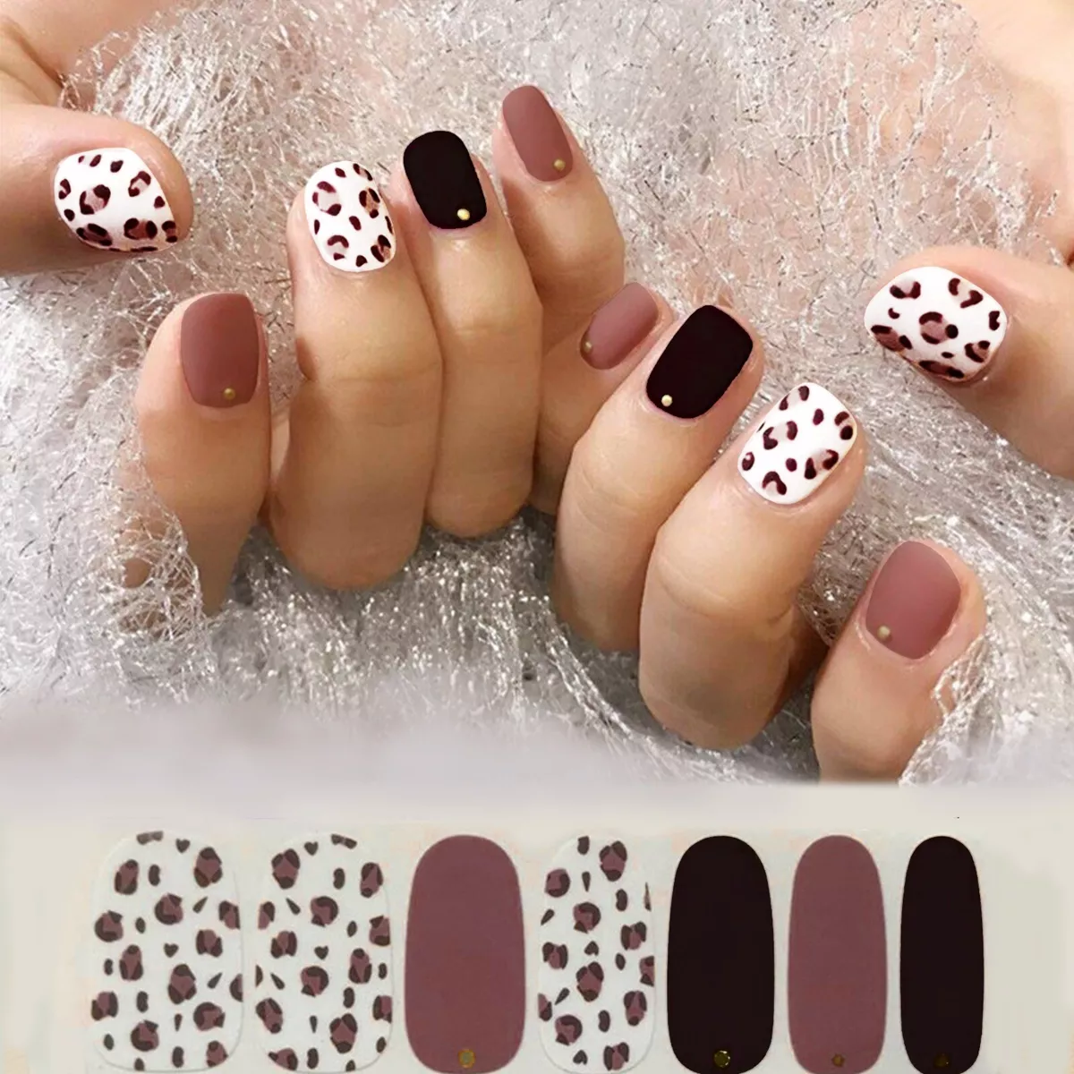 Mauve and Black Cheetah Print Nail Stickers With Gold Dots, Home Manicure