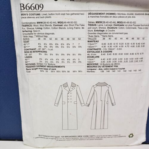 BUTTERICK B6609 Men's Historical Greatcoat Overcoat Size 38-44 UNCUT Pattern OOP - Picture 2 of 3
