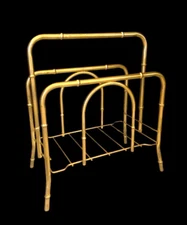 Chinoiserie Faux Bamboo Brass Magazine Rack Stand Record Album Regency Vintage