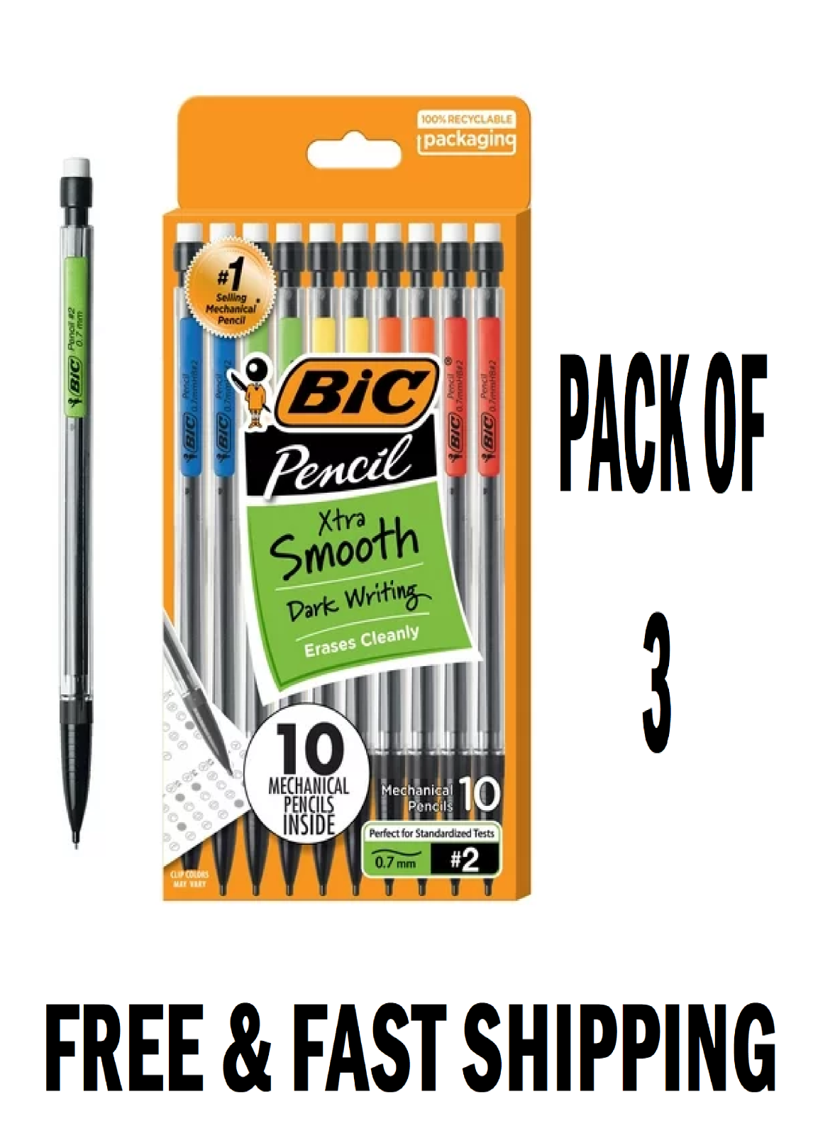 BIC XtraSmooth Mechanical Pencils with Erasers, (0.7Mm), 10Count