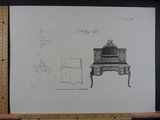 Rare Antique Orig VTG Period Design Writing Table Diagram Engraving Art Print