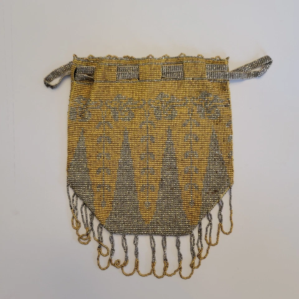 Antique Original Beaded Flapper French Cut Steel Drawstring Bag Deco Purse - Image 3 of 4