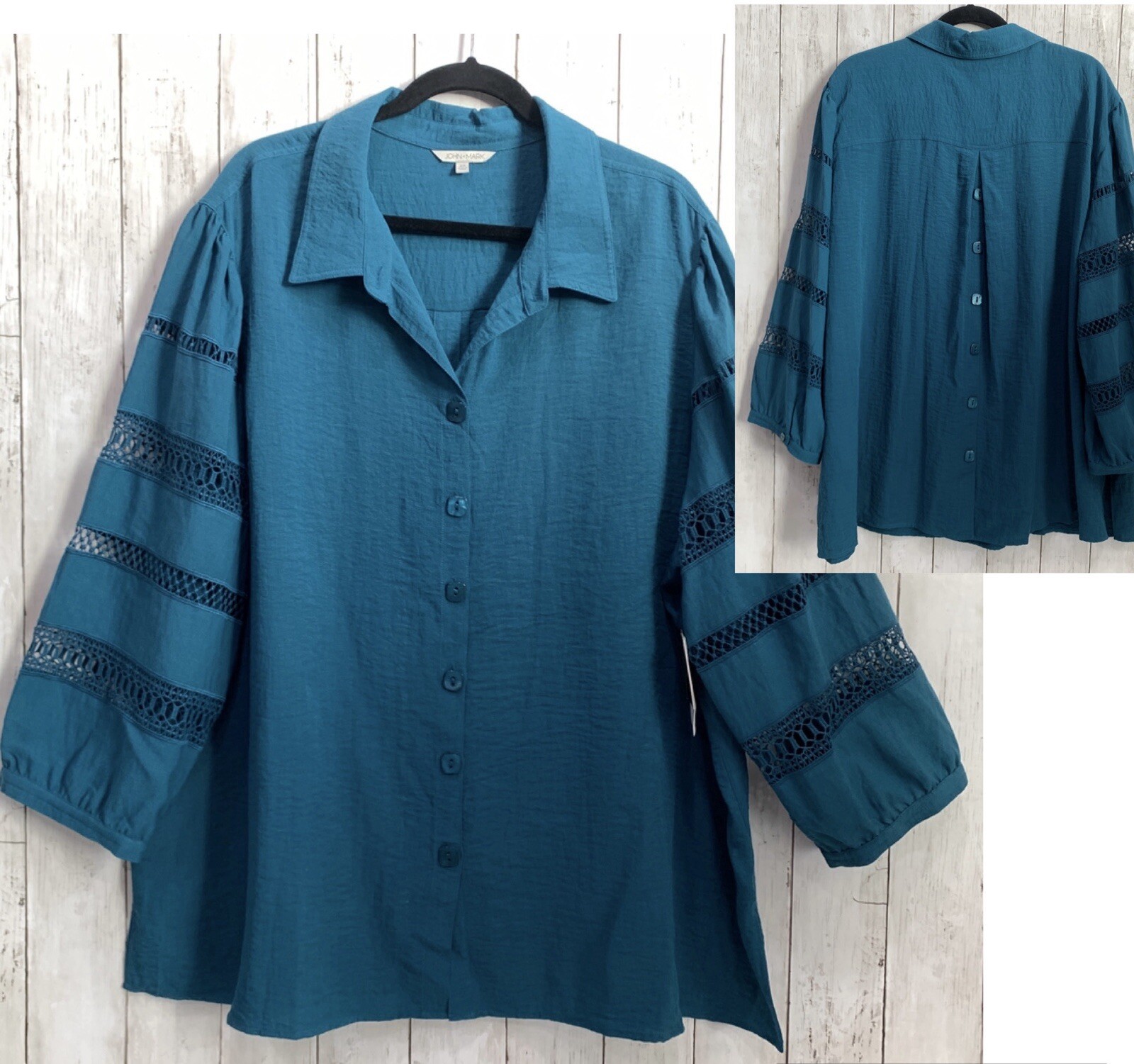 John Mark Tunic Top Plus Size 3X Teal Lace Detail on 3/4 Sleeve Button Front NWT