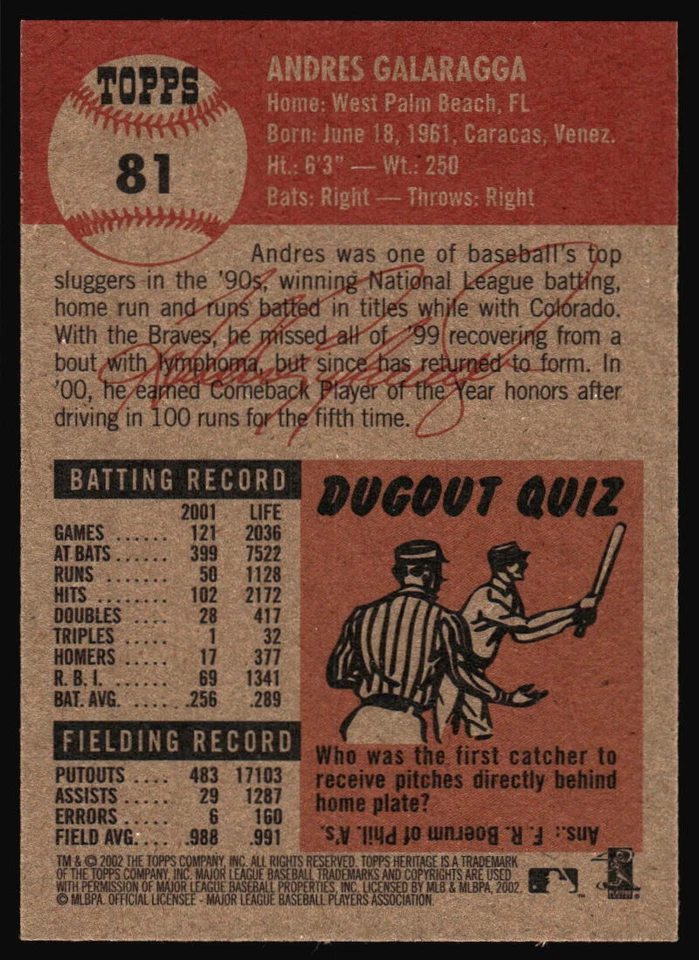 2002 Topps Heritage Andres Galarraga    #81 San Francisco Giants - Image 2 of 2