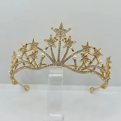 Glamouröses Sternen Diadem in Gold mit Strass und Perlen Königliche Eleganz - Bild 1 von 4