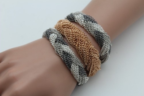 Damen Mode Armband Silber Gold Zinn Metallnetz Kette Geflochten Breit Schmuck - Bild 3 von 8
