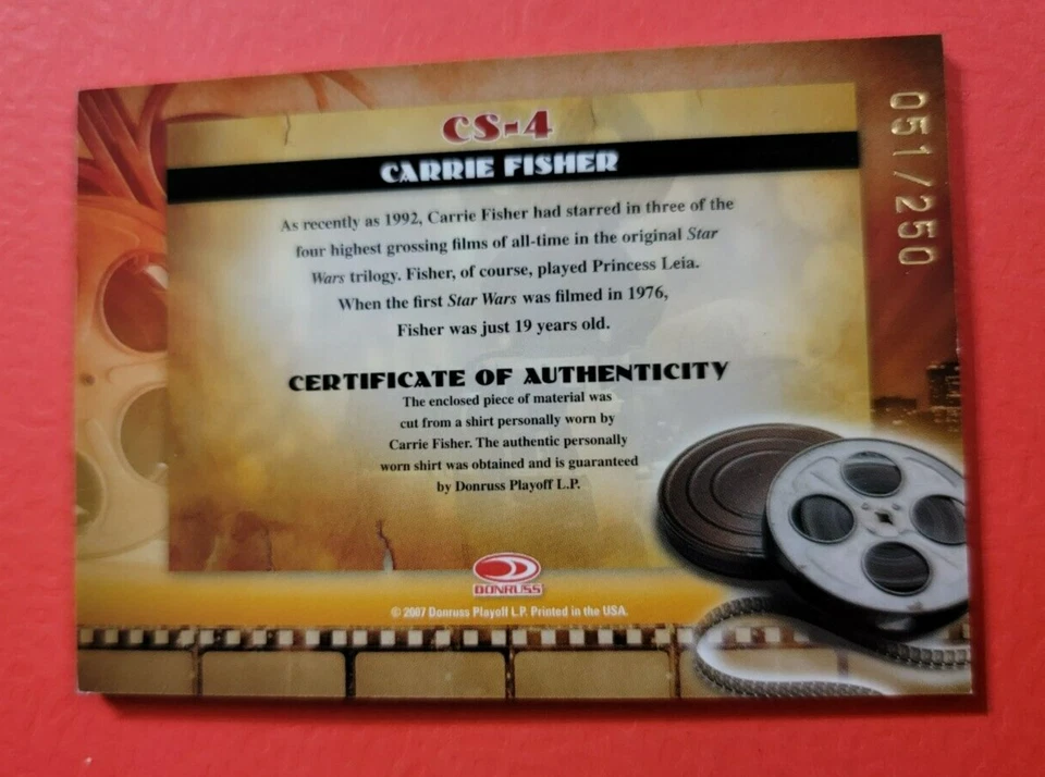 CARRIE FISHER STAR WARS PRINCESA LEIA RELIQUIA USADA TARJETA MUESTRA #d51/250 AMERICANA Foto 2 de 2