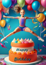 GIRL GYMNASTICS BIRTHDAY CARD WITH A GYMANST JUMPING OVER A CAKE WITH BALLOONS