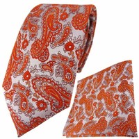 Tigertie Designer Krawatte + Einstecktuch In Orange Silber Paisley Gemustert