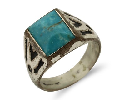 Navajo Ring 925 Silver Kingman Turquoise Signed Sun Bell Silver Company C.80's