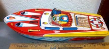 Vintage 1960s Large 11.5" Lithographed Tin toy Speed Boat made in Japan, NEW 