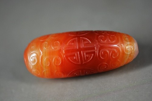 Perle ancienne agate rouge naturelle tibétaine unique sculptée à la main Dzi *Fret* 49 mm A05 - Photo 1/6
