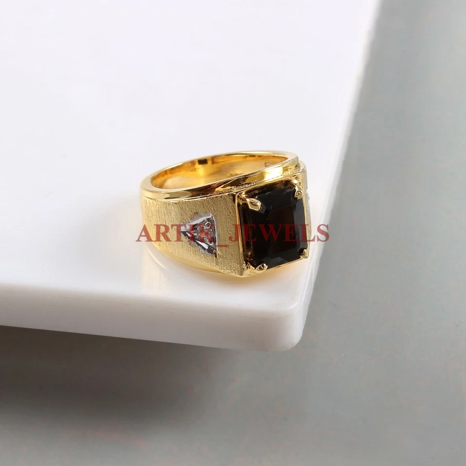 Naturschwarz Onyx Edelstein Mit Vergoldet 925 Sterlingsilber Herren Ring 4598 - Bild 3 von 3