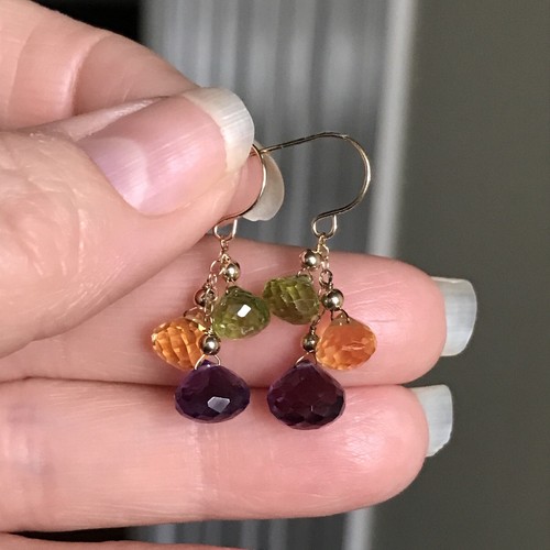 14K Solid Gold Multi Gemstone Earrings Natural Briolettes Handmade - Picture 7 of 10
