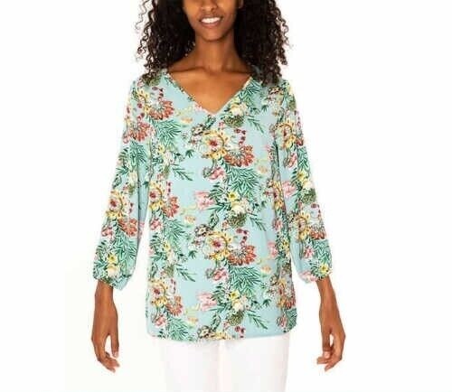 NWT Mario Serrani Women 3/4 Sleeve V-Neck Tunic Top Blue Floral Sz M $60 VV039 - Picture 1 of 3
