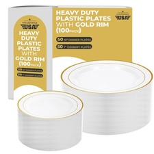 100 White and Gold Plastic Plates for Party - Fancy Disposable Heavy Duty 50 ...