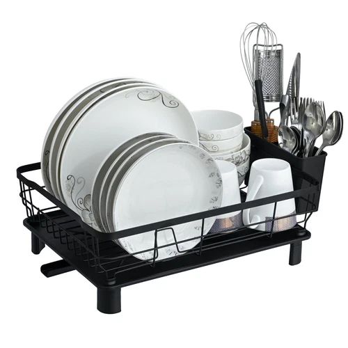 Dish Drainer Rack With 360° Drip Tray Kitchen Sink Drying Cutlery Holder Black - Picture 1 of 8
