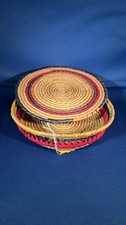 Woven Coiled Straw Basket Bowl Lid Colorful Round Boho Decor 8