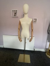 Female Mannequin Body with Removable Head, Wooden Arms and Gold Adjustable Stand