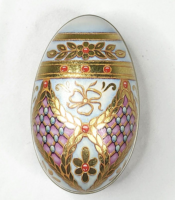 Vtg Russian Egg Metal Tin Container 2.75''x4''x2.5'' Blue Gold Elite Gift Boxes '04