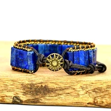 Wide Lapis lazuli Bracelet  Natural Stone Beads Boho Blue Gemstone Woman Man