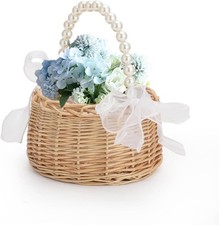 Wicker Flower Girl Basket, Wedding Rattan Flower Basket, with Pearl Handle and R