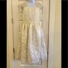 Ivory Satin Floral Embroidered Organza Midi Dress Rosettes Beads Wedding Formal