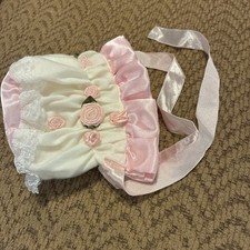 Baby Bonnet Cap Doll Silky Pink White Ribbon Heart Victorian Style Handmade