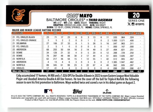2025 Topps Coby Mayo #20 RC Baltimore Orioles - Picture 2 of 2