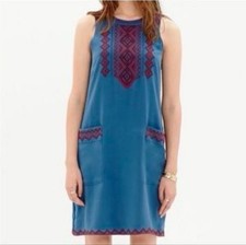 Madewell Dress sz M  Blue Silk Sleeveless Red Embroidery Boho  Pockets