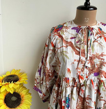 Bird Paradise Print Cotton Midi Dress Deep Neck Summer Dress Gifting Idea, XL