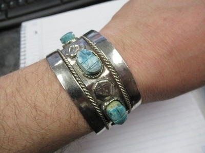 Vintage Made in Egypt Egyptian Faience 3 Scarab Costume Jewelry Cuff Bracelet
