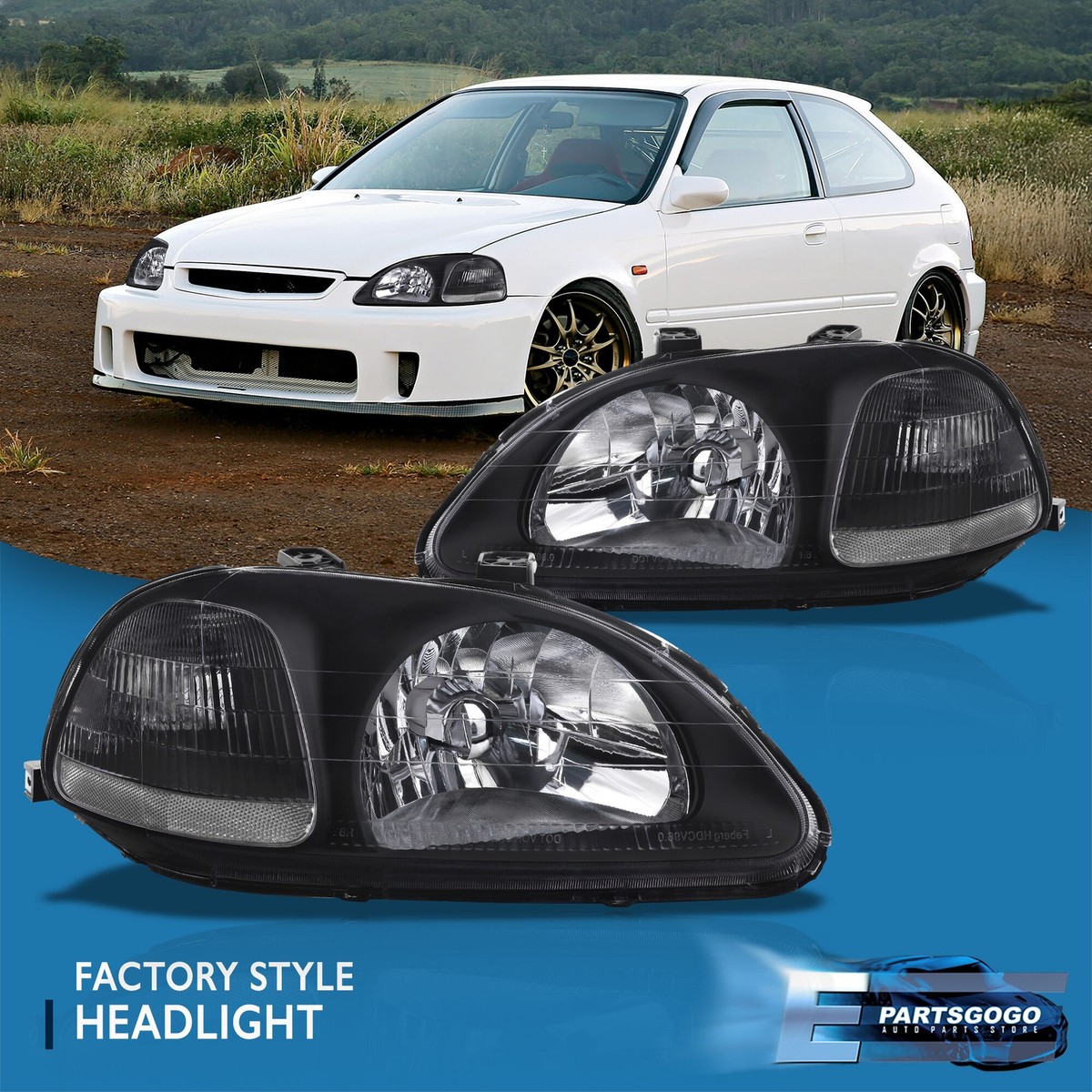 For 96-98 Honda Civic EK EJ EM Black Housing Headlights