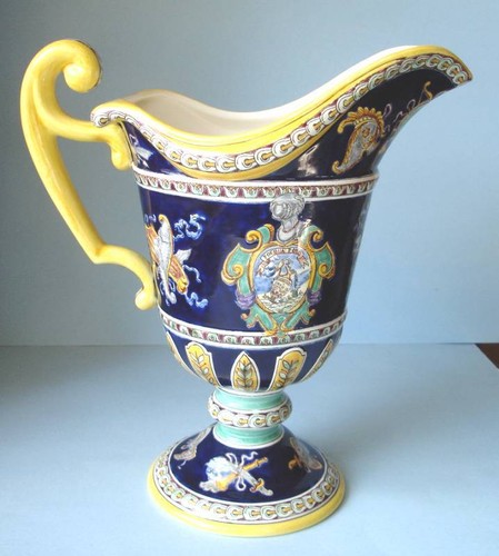 Gien Renaissance Blue Large Footed Pitcher Vase Signed #80/500 Hand Painted New - Picture 2 of 6