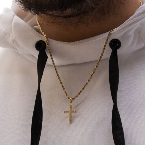 14K Gold Plated Iced Micro Mini Cross Pendant Hip Hop Rope Chain Necklace - Picture 4 of 4