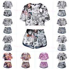 Women Men Manga 3D Print Short Sleeve Cropped T-Shirt + Shorts Pants Set