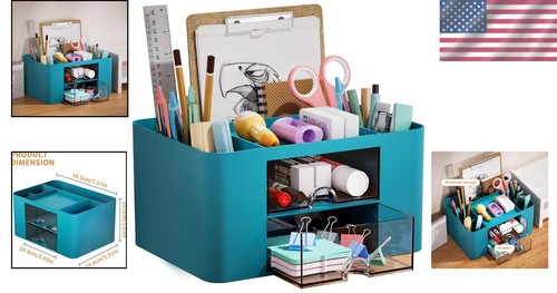 Durable ABS Plastic Desk Organizer - Dark Green Pen Holder with 2 Drawers - Picture 2 of 9