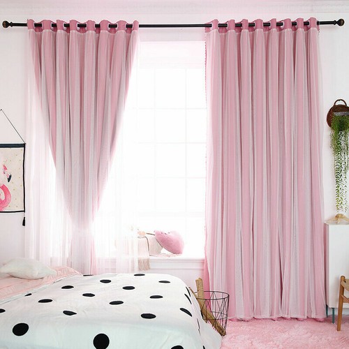 1x Blackout Curtains Double Layer for Bed Room Lace Tulle Drape Eyelets - Picture 13 of 17