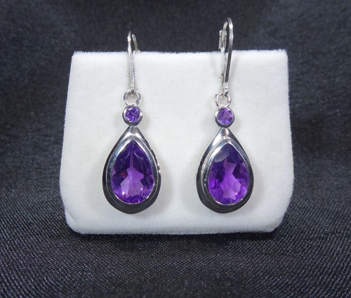 5.44 ct Natural African Amethyst Solid Sterling Silver Drop Leverback Earrings