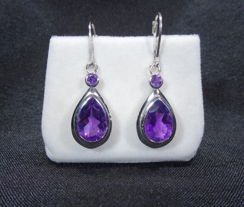 5.44 ct Natural African Amethyst Solid Sterling Silver Drop Leverback Earrings - Picture 1 of 13