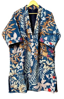 Indian Kantha Quilt Monkey Print Cotton Blue Handmade Winter Mid-Length Jacket